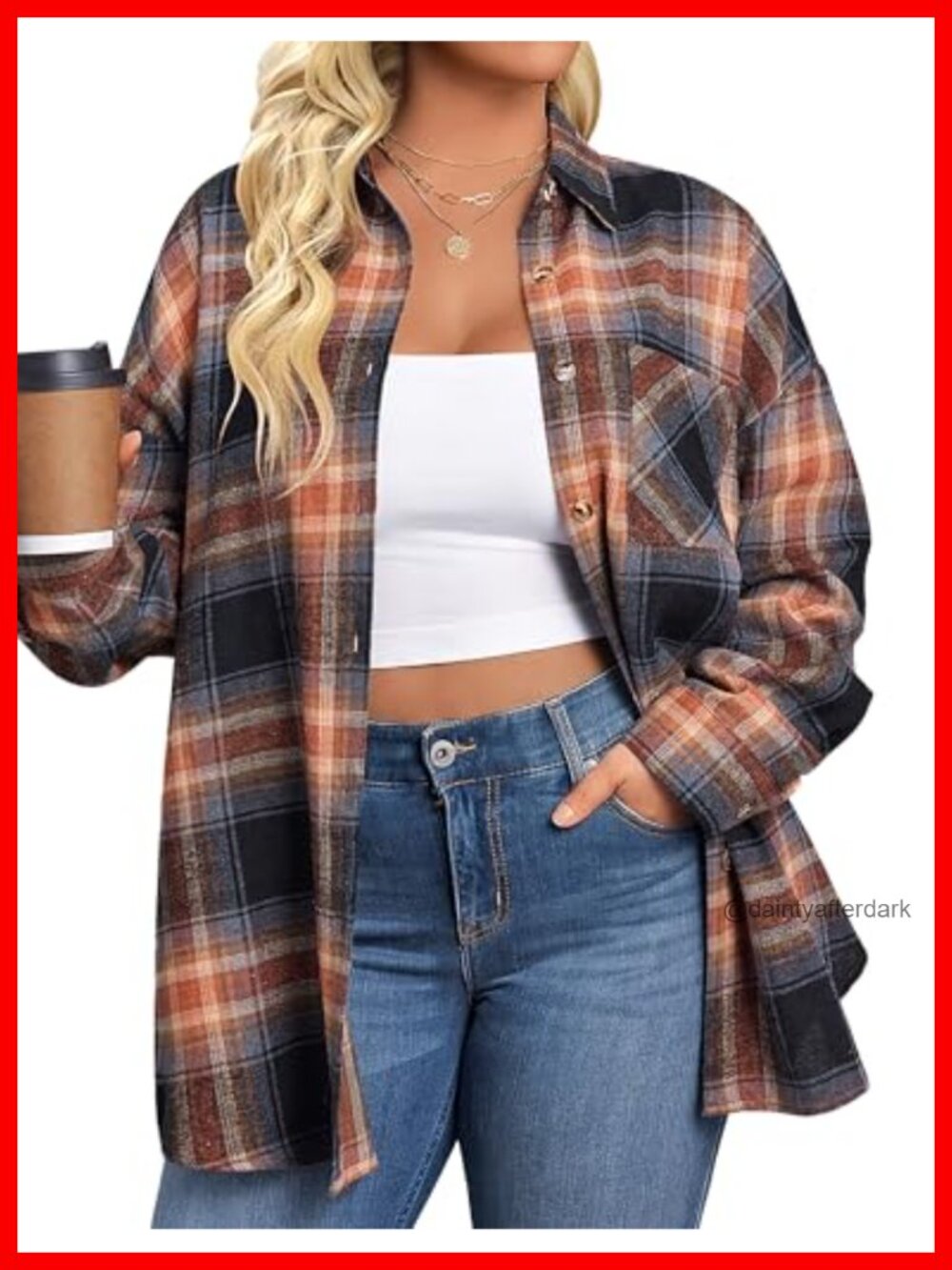 Plus Size Flannel Shirt Long Sleeve Button Down Plaid Top